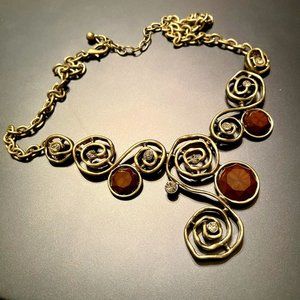 Incredible Artisan Gold Metal & Rhinestone Curly Loop Necklace
